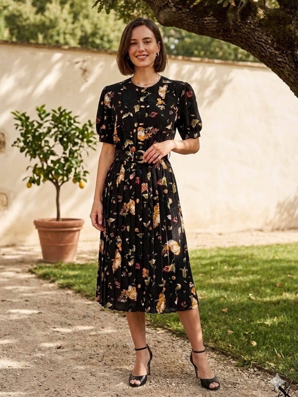 Vintage 80s Black Floral Pleated Polyester Midi Dress